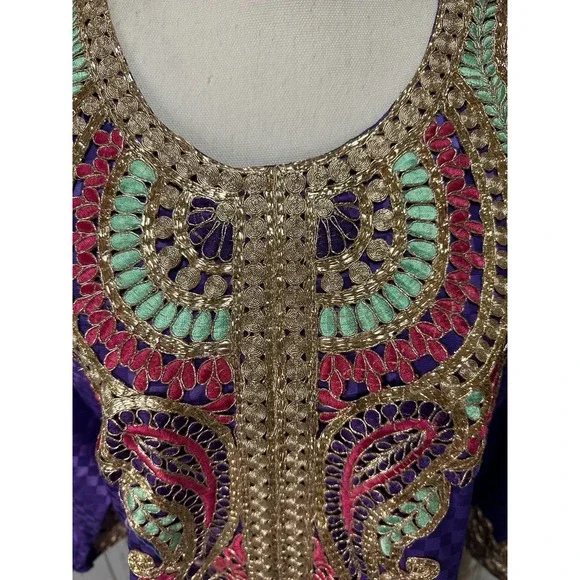 Boho Indian Style Dress Purple/Pink/Teal/Gold Check Measurements - Picture 4 of 6
